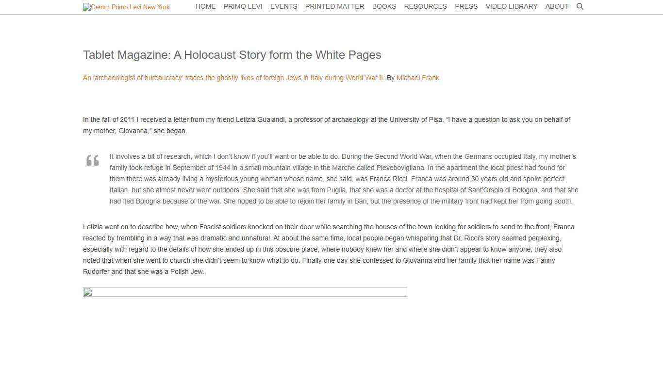 Tablet Magazine: A Holocaust Story form the White Pages - Centro Primo Levi New York