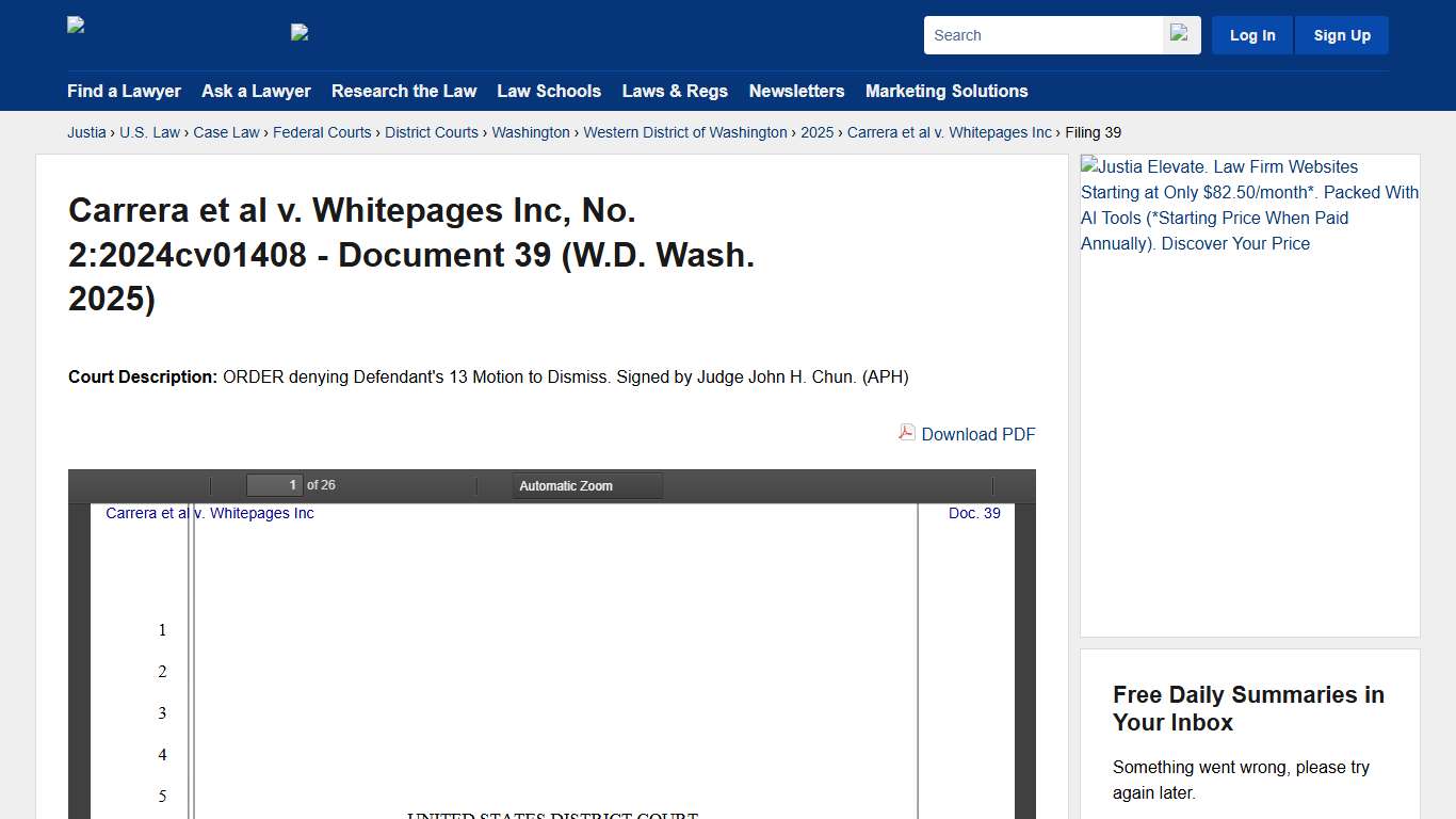 Carrera et al v. Whitepages Inc, No. 2:2024cv01408 - Document 39 (W.D. Wash. 2025) :: Justia